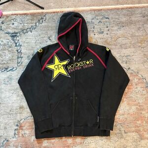 One Industries Rockstar Energy Drink Hoodie Mens XL Black Zip Up Skater Y2K Emo